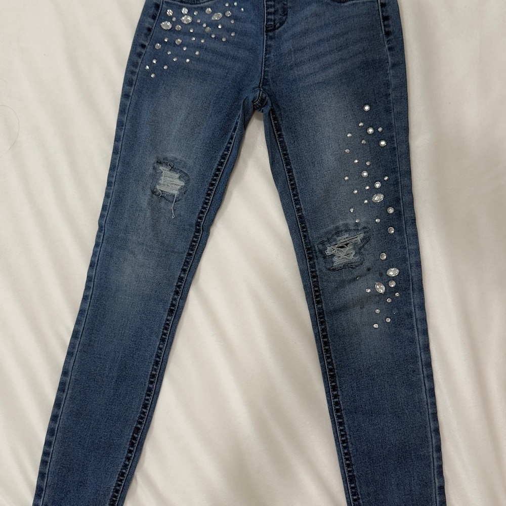 Justice Dark Blue Distressed Jeans with Rhinestones